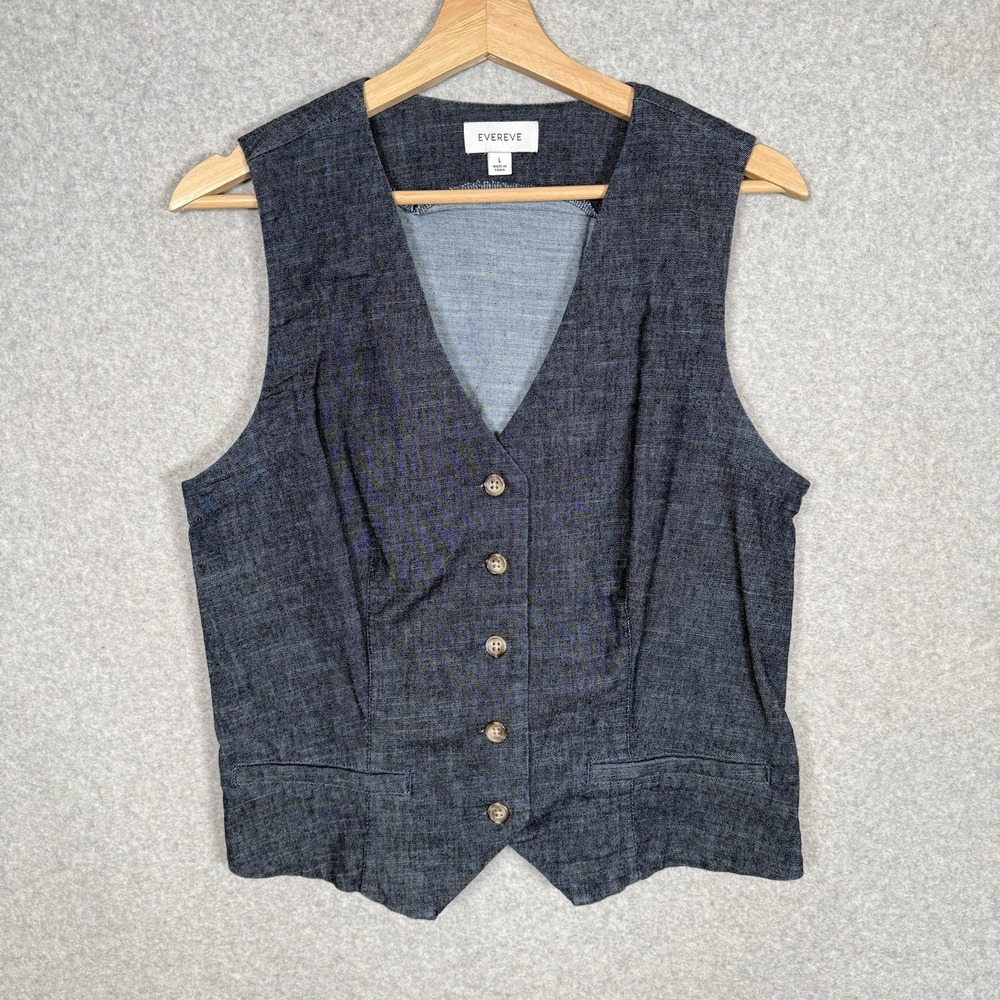 Evereve Chambray Denim Vest Womens Large Blue Buckle Back